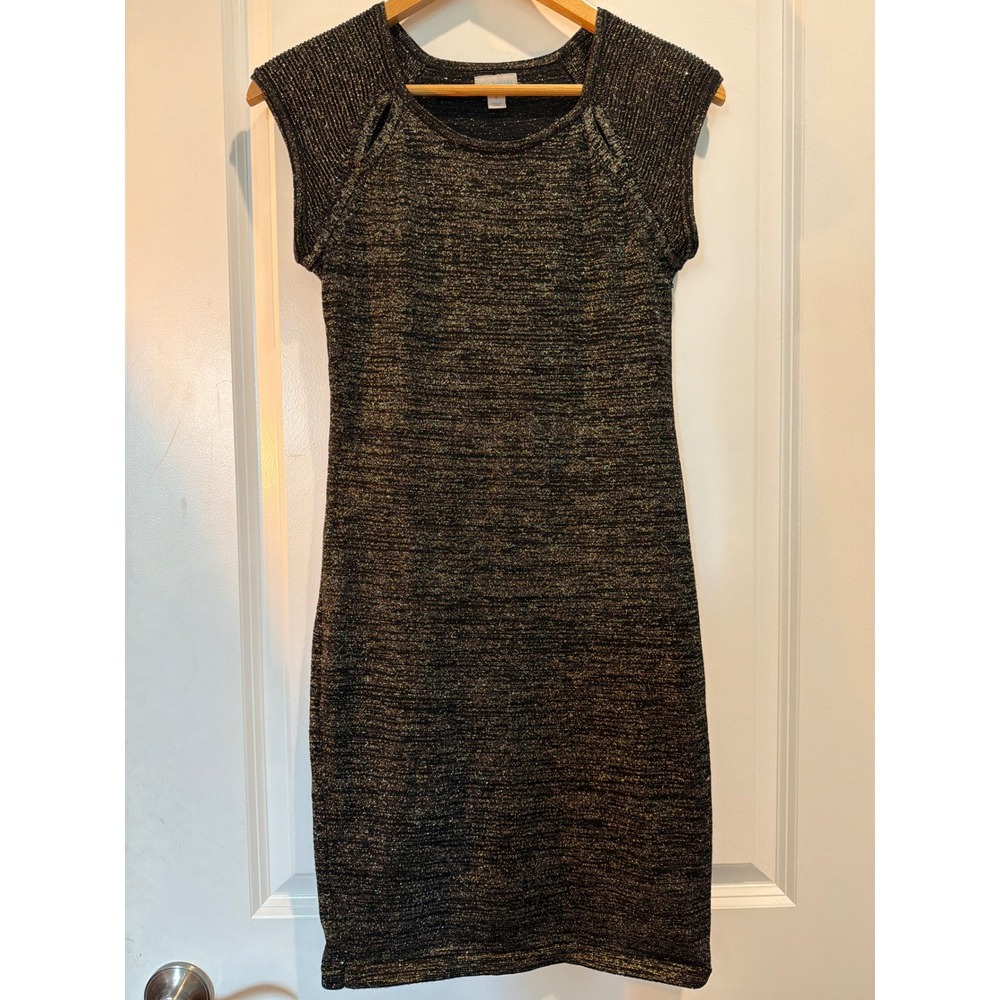 Belle Sky Black Gold Metallic Knit Sheath Dress Sleeveless Shoulder Cutout Small